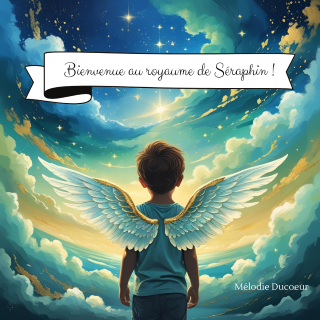 Un ciel céleste avec écrit "Bienvenue au royaume de Séraphin". A l'avant-plan un petit garçon avec des ailes vu de dos qui regarde devant lui de ciel doux, coloré et lumineux.